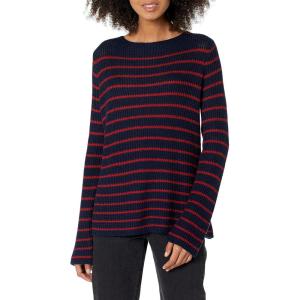 Cable Stitch Women’s Boat Neck Striped Sweater – Long Sleeve Lightweight Textured Soft Pullover Top(Navy/Red)