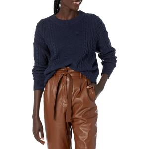 Cable Stitch Women’s Cable Crewneck Sweater – Long Sleeve Drop Shoulder Boxy Pullover Knit Top(Navy)