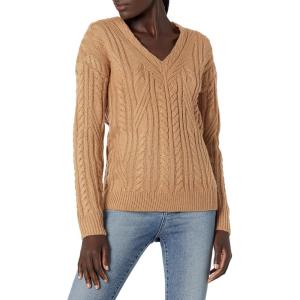 Cable Stitch Women’s Cable Knit V-Neck Pullover Sweater – Long Sleeve Loose Fit Top(Camel)