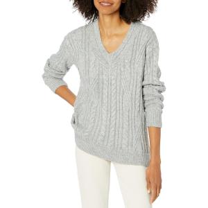 Cable Stitch Women’s Cable Knit V-Neck Pullover Sweater – Long Sleeve Loose Fit Top(Heather Grey)