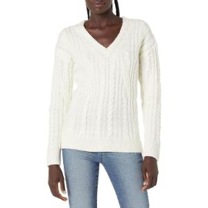 Cable Stitch Women’s Cable Knit V-Neck Pullover Sweater – Long Sleeve Loose Fit Top(Ivory)