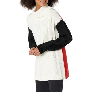 Cable Stitch Women’s Cable Turtleneck Sweater – Oversized Colorblock Contrast Long Sleeve Chunky Pullover Knit Top(Cream/Black/Poppy)