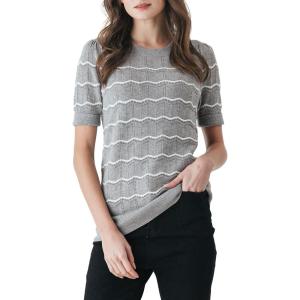 Cable Stitch Women’s Chevron Stitch Short Sleeve Sweater Top – Zig-Zag Crewneck Lightweight Soft Knit(Heather Grey/White)
