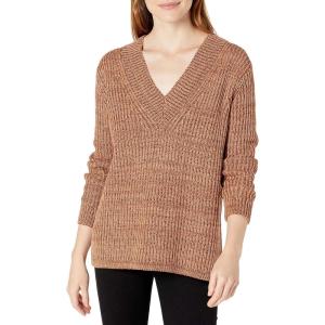 Cable Stitch Women’s Chunky Knit Marled V-Neck Sweater – Long Sleeve Oversized Shaker Fisherman Stitch Cotton Pullover Top(Marled Caramel)