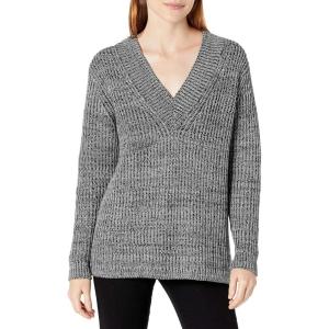 Cable Stitch Women’s Chunky Knit Marled V-Neck Sweater – Long Sleeve Oversized Shaker Fisherman Stitch Cotton Pullover Top(Marled Grey)