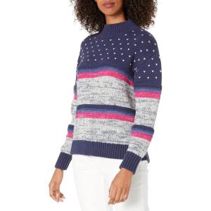 Cable Stitch Women’s Chunky Variegated Stripe Sweater – Mock Neck Long Sleeve Color Block Pullover Top(Multi-navy)