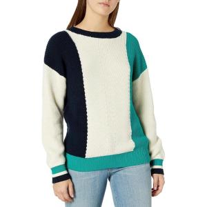 Cable Stitch Women’s Colorblock Crewneck Sweater - Long Sleeve Rib-Knit Shaker Stitch Pullover Top(Multi-navy)