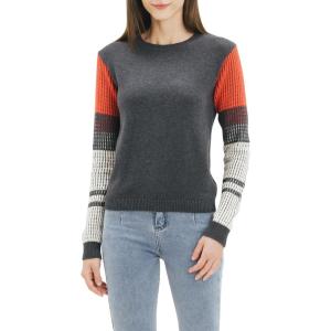Cable Stitch Women’s Contrast-Sleeve Cotton Sweater – Crewneck Long Sleeve Knitted Pullover Top(Charcoal)