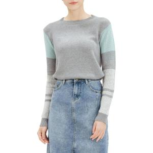 Cable Stitch Women’s Contrast-Sleeve Cotton Sweater – Crewneck Long Sleeve Knitted Pullover Top(Heather Grey)