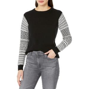 Cable Stitch Women’s Contrast-Sleeve Cotton Sweater – Crewneck Long Sleeve Knitted Pullover Top(Jacquard Black)