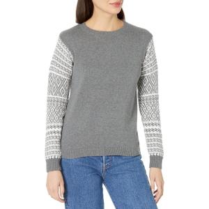 Cable Stitch Women’s Contrast-Sleeve Cotton Sweater – Crewneck Long Sleeve Knitted Pullover Top(Jacquard Grey)