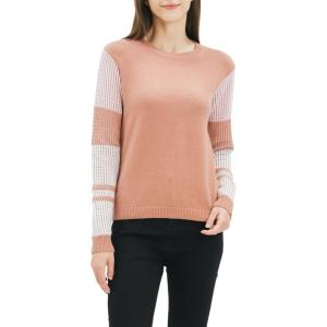 Cable Stitch Women’s Contrast-Sleeve Cotton Sweater – Crewneck Long Sleeve Knitted Pullover Top(Nutmeg)
