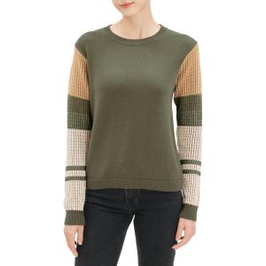Cable Stitch Women’s Contrast-Sleeve Cotton Sweater – Crewneck Long Sleeve Knitted Pullover Top(Olive)
