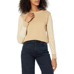 Cable Stitch Women’s Contrast-Sleeve Cotton Sweater – Crewneck Long Sleeve Knitted Pullover Top(Wave Camel)