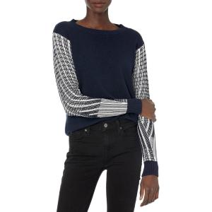Cable Stitch Women’s Contrast-Sleeve Cotton Sweater – Crewneck Long Sleeve Knitted Pullover Top(Wave Navy)