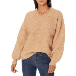 Cable Stitch Women’s Cozy Boucle V-Neck Sweater – Long Balloon Sleeve Oversized Solid Color Pullover Knit Top(Camel)