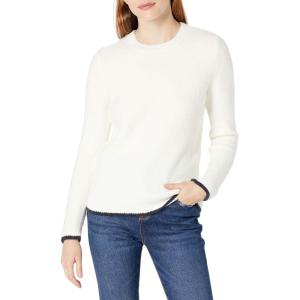 Cable Stitch Women’s Cozy Crewneck Sweater – Contrast Tipping Long Sleeve Pullover Knit Top(Ivory)