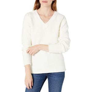 Cable Stitch Women’s Cozy V-Neck Pullover Sweater – Soft Long Sleeve Loose Fit Solid Color Knitted Top(Ivory)