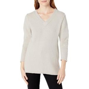 Cable Stitch Women’s Cozy V-Neck Pullover Sweater – Soft Long Sleeve Loose Fit Solid Color Knitted Top(Light Grey)
