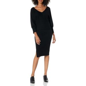 Cable Stitch Women’s Double V-Neck Midi Dress – 3/4 Sleeve Knitted Fall Winter Sweater Dress with Side Slits(Black)