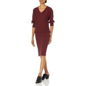 Cable Stitch Women’s Double V-Neck Midi Dress – 3/4 Sleeve Knitted Fall Winter Sweater Dress with Side Slits(Wine)