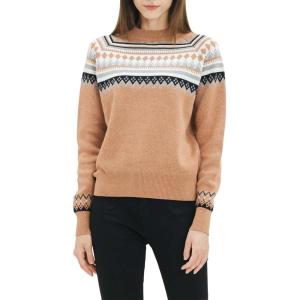 Cable Stitch Women’s Fair Isle Sweater – Classic Vintage Jacquard Long Sleeve Crewneck Pullover Top(Bark)