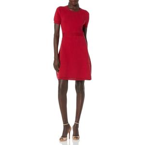 Cable Stitch Women’s Fit-and-Flare Knit Dress – Crewneck Short Sleeve Midi Sweater Dress(Red)