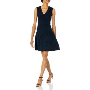 Cable Stitch Women’s Floral Jacquard Dress – V-Neck Sleeveless A-Line Flare Knee-Length Cocktail Sweater Knit Dress(Black/Navy)