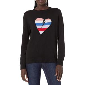 Cable Stitch Women’s Graphic Front Crewneck Sweater – Striped Heart Leopard Star Intarsia Print Long Sleeve Pullover Knit Top(Heart-black)