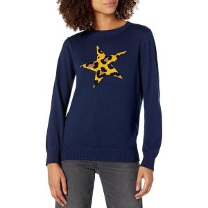 Cable Stitch Women’s Graphic Front Crewneck Sweater – Striped Heart Leopard Star Intarsia Print Long Sleeve Pullover Knit Top(Star-navy)