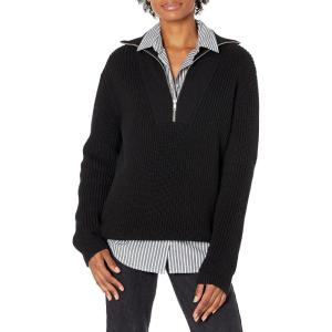 Cable Stitch Women’s Half Zip Cotton Pullover Sweater – Solid V-Neck Collar Loose Rib-Knit Long Sleeve Top(Black)