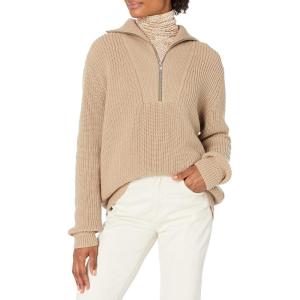 Cable Stitch Women’s Half Zip Cotton Pullover Sweater – Solid V-Neck Collar Loose Rib-Knit Long Sleeve Top(Camel)