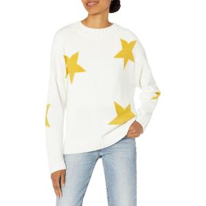 Cable Stitch Women’s Intarsia Sweater – Star, Lightning Bolt, Heart Graphics Long Sleeve Crewneck Pullover Top(Off-white/Marigold Star)