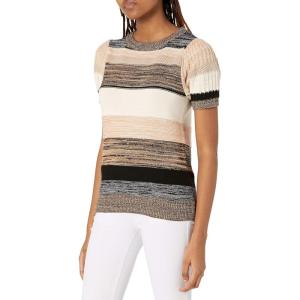 Cable Stitch Women’s Mixed Stripe Short Sleeve Sweater Top – Crewneck Blouse Sleeve Colorblock Cotton Pullover(Multi-cream)