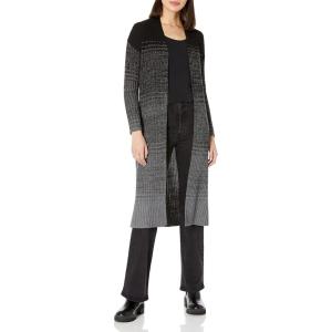 Cable Stitch Women’s Ombre Ribbed Long Cardigan - Striped Color Blocked Open Front Long Sleeve Knit Sweater Coat(Black/Grey)
