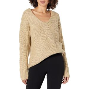 Cable Stitch Women’s Oversized Argyle Tunic Sweater – V-Neck Drop Shoulder Long Sleeve Loose Pullover Top(Camel)