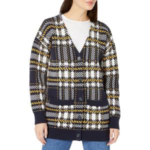 Cable Stitch Women’s Oversized Button Front Leopard Plaid Print Sweater Cardigan with Pockets - V-Neck Jacquard Coatigan(Multi Navy)