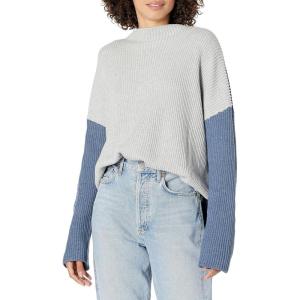 Cable Stitch Women’s Oversized Colorblock Sweater – Mock Neck Rib-Knit Drop Shoulder Long Sleeve Pullover Top(Grey / Steel Blue / Denim)