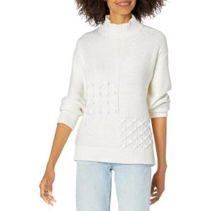 Cable Stitch Women’s Oversized Mixed Cable Sweater – Mock Turtleneck Long Sleeve Drop Shoulder Patch Knit Pullover Top(Cream)