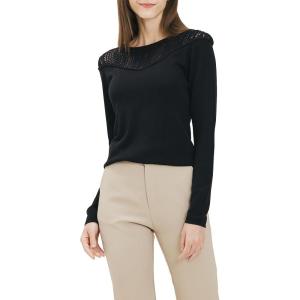 Cable Stitch Women’s Pointelle Inset Sweater – Long Sleeve Crewneck Lace Crochet Knit Pullover Top(Black)