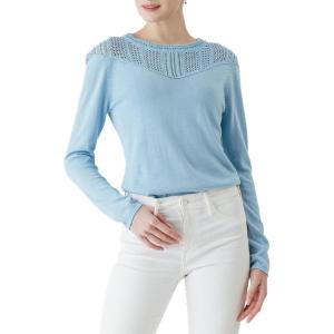 Cable Stitch Women’s Pointelle Inset Sweater – Long Sleeve Crewneck Lace Crochet Knit Pullover Top(Light Blue)