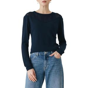 Cable Stitch Women’s Pointelle Inset Sweater – Long Sleeve Crewneck Lace Crochet Knit Pullover Top(Navy)
