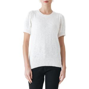 Cable Stitch Women’s Pointelle Short Sleeve Crewneck Sweater Top – Lightweight Puff Sleeve Pullover(Ivory)