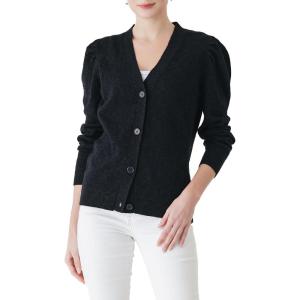Cable Stitch Women’s Puff Sleeve Lightweight Cardigan – V-Neck Long Sleeve Button Front Solid Color Sweater(Black)