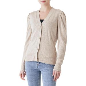 Cable Stitch Women’s Puff Sleeve Lightweight Cardigan – V-Neck Long Sleeve Button Front Solid Color Sweater(Khaki)