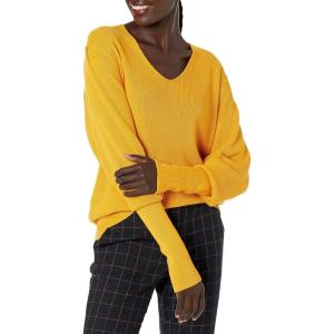 Cable Stitch Women’s Puff Sleeve V-Neck Sweater – Lightweight Pleated Blouson Long Sleeve Pullover Top(Marigold)