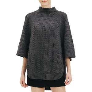 Cable Stitch Women’s Rib-Collar Tunic Sweater – Loose Fit Oversized Mock Neck 3/4 Sleeve Pullover Poncho Cover-up Top(Charcoal)