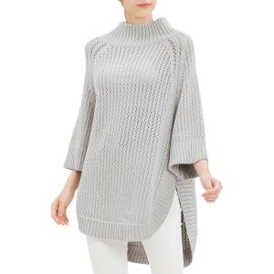 Cable Stitch Women’s Rib-Collar Tunic Sweater – Loose Fit Oversized Mock Neck 3/4 Sleeve Pullover Poncho Cover-up Top(Light Heather Grey)