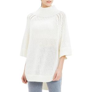 Cable Stitch Women’s Rib-Collar Tunic Sweater – Loose Fit Oversized Mock Neck 3/4 Sleeve Pullover Poncho Cover-up Top(Off-white)