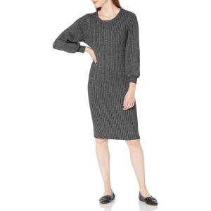 Cable Stitch Women’s Ribbed Bishop Sleeve Dress – Crewneck Long Sleeve Knee-Length Solid/Striped Bodycon Sweater Knit Dress(Marled Grey)